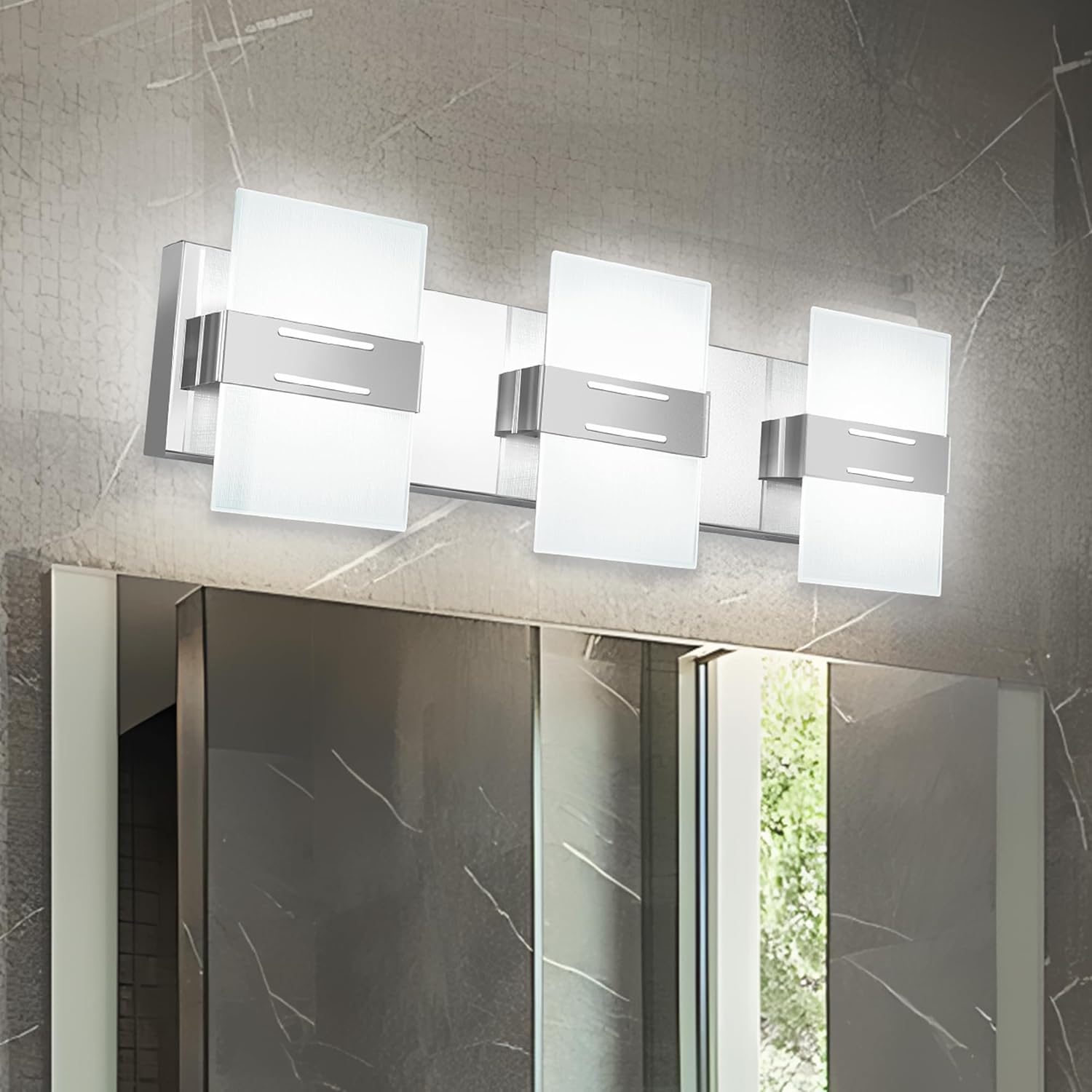 LED Vanity Lights for Bathroom,Stainless Steel Chrome 3 Light Bathroom Vanity Light Modern 22 Inch with Grid Glass Shade 3000K/4500K/6000K Dimmable Wall Sconce