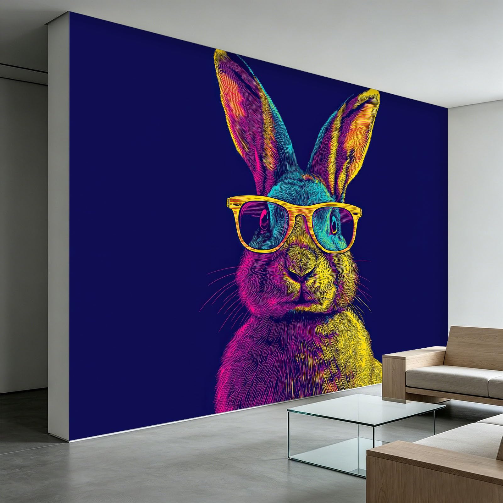 Panoramiczna tapeta 350 x 256 cm, włóknina ścienna ścienna neonowy minimalistyczny zwierzęcy królik - do salonu pokoju dziecięcego i ciemnoniebieski dekoracja ścienna