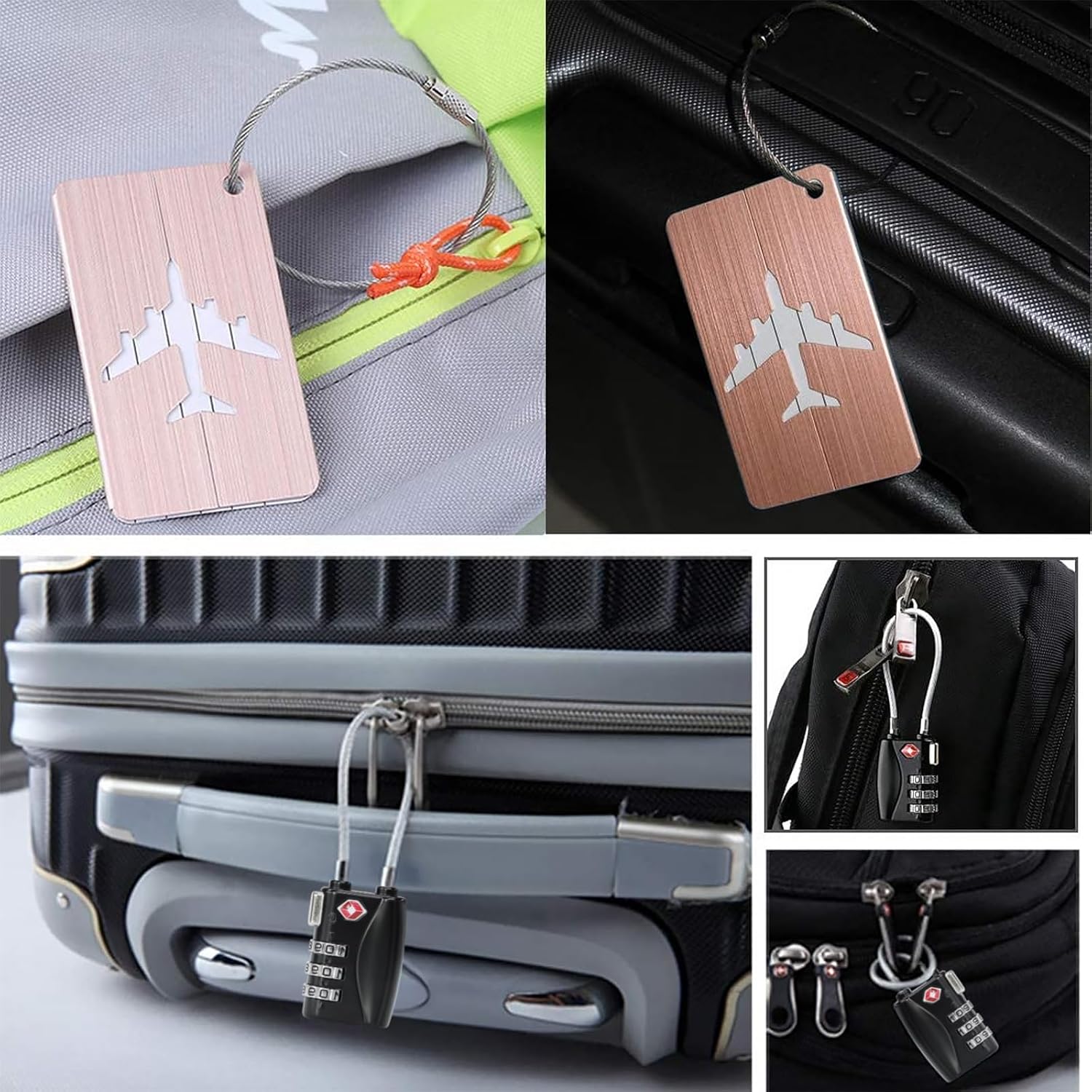 2 Pack TSA Luggage Lock and 2 Pack Aluminium Metal Luggage Tags, Mini Combination Password and Suitcase Card Holder Bag Tag Name Address ID Bag Label with Key Ring
