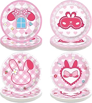 60Pcs Melod Birthday Paper Plates 9" Disposable Heavy Duty Pink White Rabbit Dessert Paper Plates Cute Cartoon Party Tableware Set for Girls Birthday Baby Shower Party Decorations