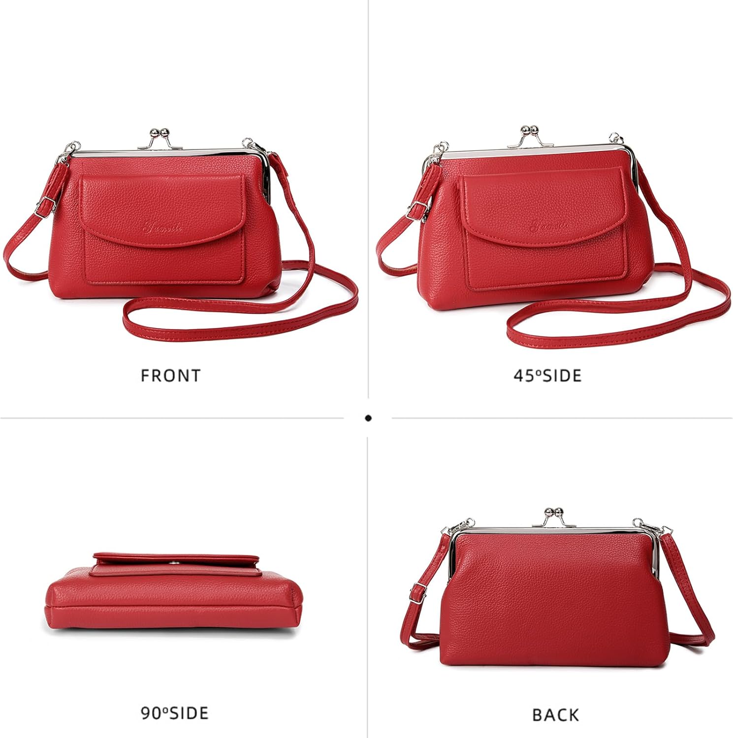 Genuine Leather Small Shoulder Bag for Women Kiss Lock Fashion Phone Purse (Red) - Image 4