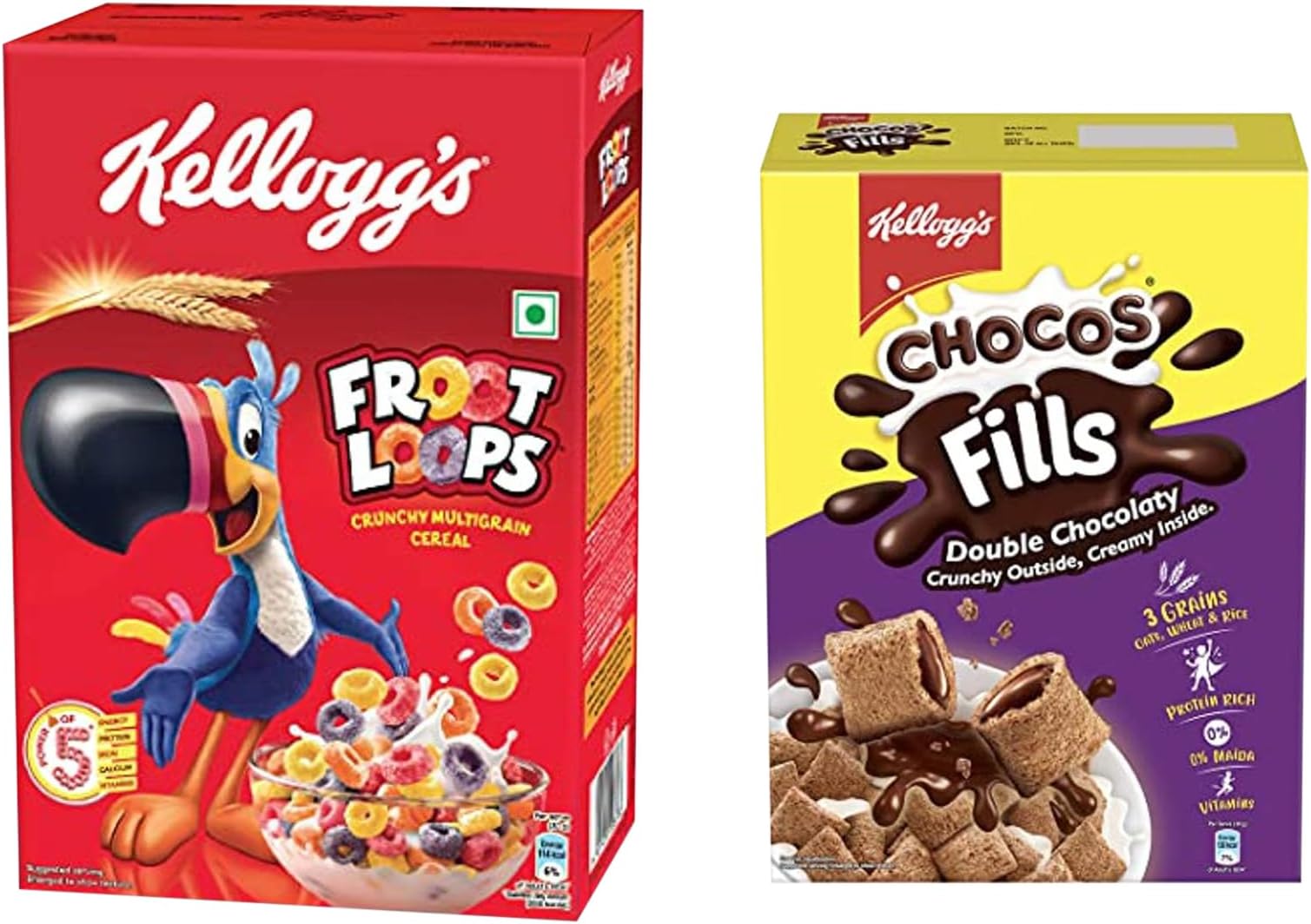 Chocos Fills, Double Chocolaty, Anytime Snack, 250G & New Kellogg's Froot Loops, Crunchy Multigrain Breakfast Cereal, Mixed Fruit Flavo, 285G Pack