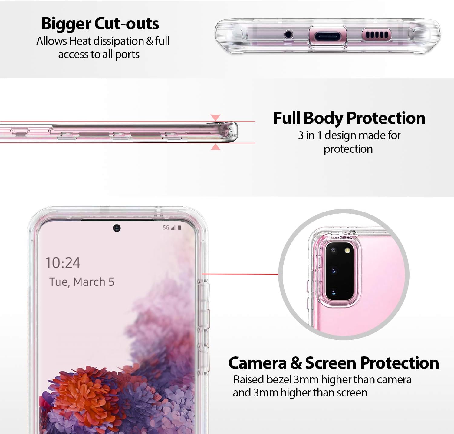 Coolwee Crystal Clear Full Protective Case for Galaxy S20 5G Heavy Duty Hybrid 3 in 1 Rugged Shockproof Women Girls Transparent for Samsung Galaxy S20 6.2 inch
