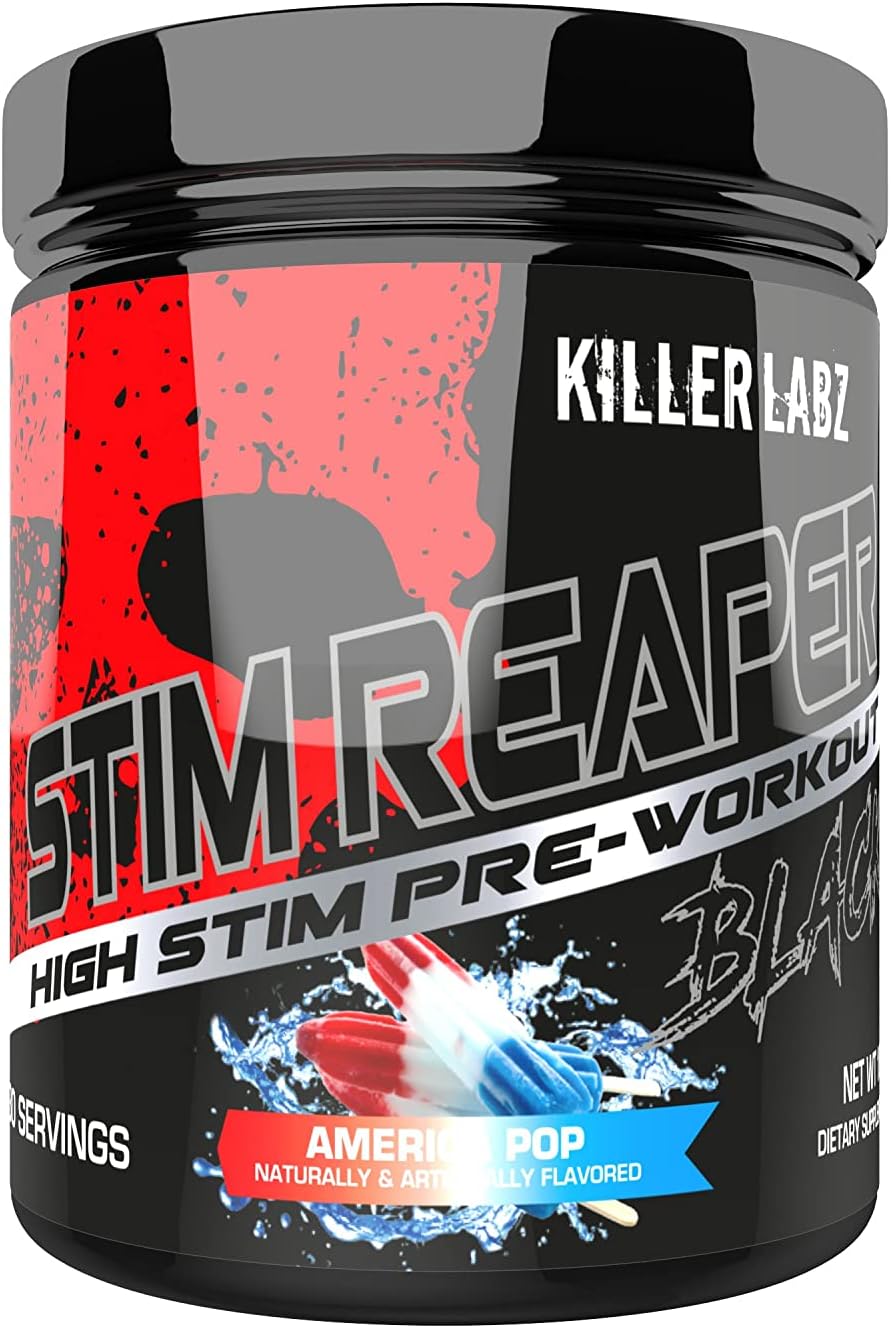 KILLER LABZ Stim Reaper Black High Stimulant Pre-Workout Powder Extreme Energy & Focus | Long Lasting Euphoria and Muscle Pumps | 30 Servings (American Pop)