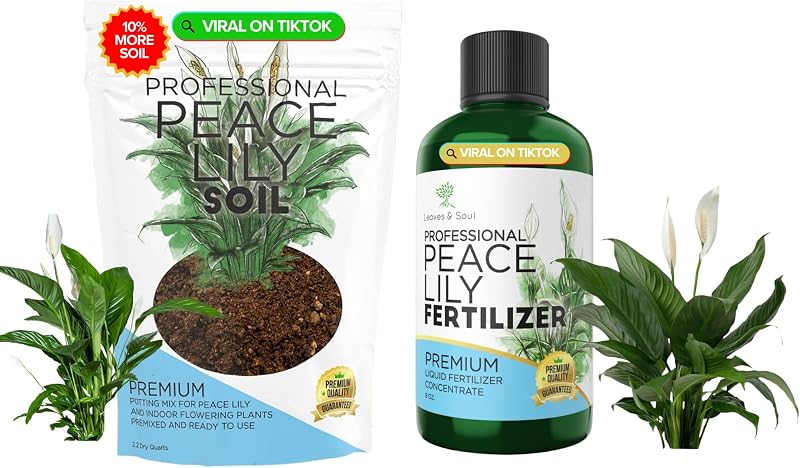 Peace Lily Care Bundle – Premium 8.2QT Soil + Liquid Fertilizer 3-1-2 Concentrate 8oz – Complete Indoor Plant Kit for Healthy Roots, Lush Green Leaves & Vibrant Blooms