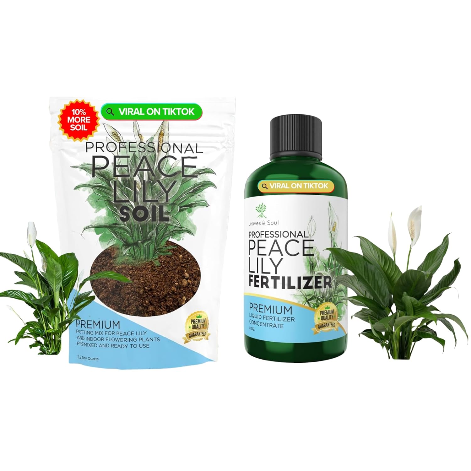 Peace Lily Care Bundle – Premium 8.2QT Soil + Liquid Fertilizer 3-1-2 Concentrate 8oz – Complete Indoor Plant Kit for Healthy Roots, Lush Green Leaves & Vibrant Blooms