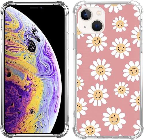 Miniatura 5 de Funda de teléfono con diseño de margaritas blancas y rosas compatibles con iPhone 14 Plus, funda retro con diseño de flores y caras de sonrisa para