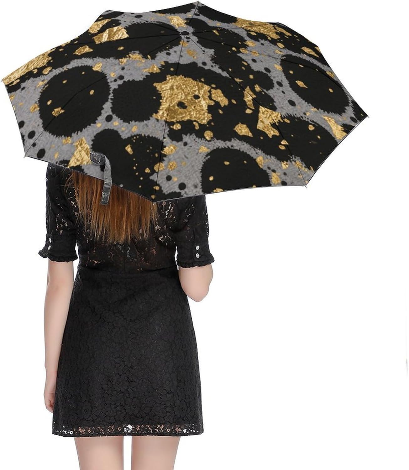 Black And Gold Flecks of Ink Windproof Travel Umbrella, One-Click Automatic Open And Close, Portable Compact Folding Umbrella for Women Men, Fits Backpack & Car