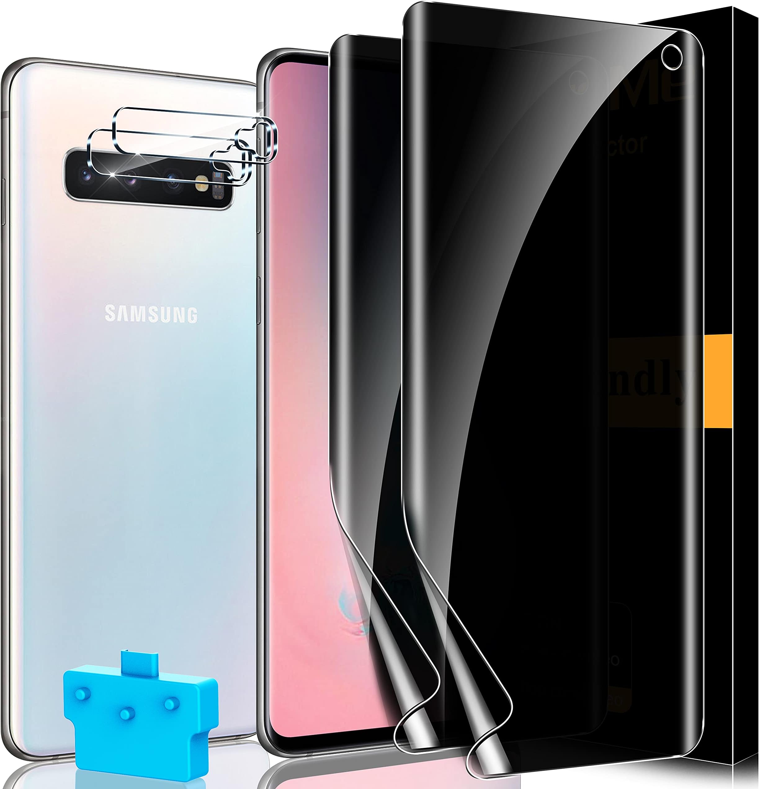 UniqueMe [ 2+2 Pack Compatible for Samsung Galaxy S10 Privacy Soft TPU Screen Protector and Camera Lens Protector Tempered Glass [Easy installation Tool] [Fingerprint Support] [Bubble Free]