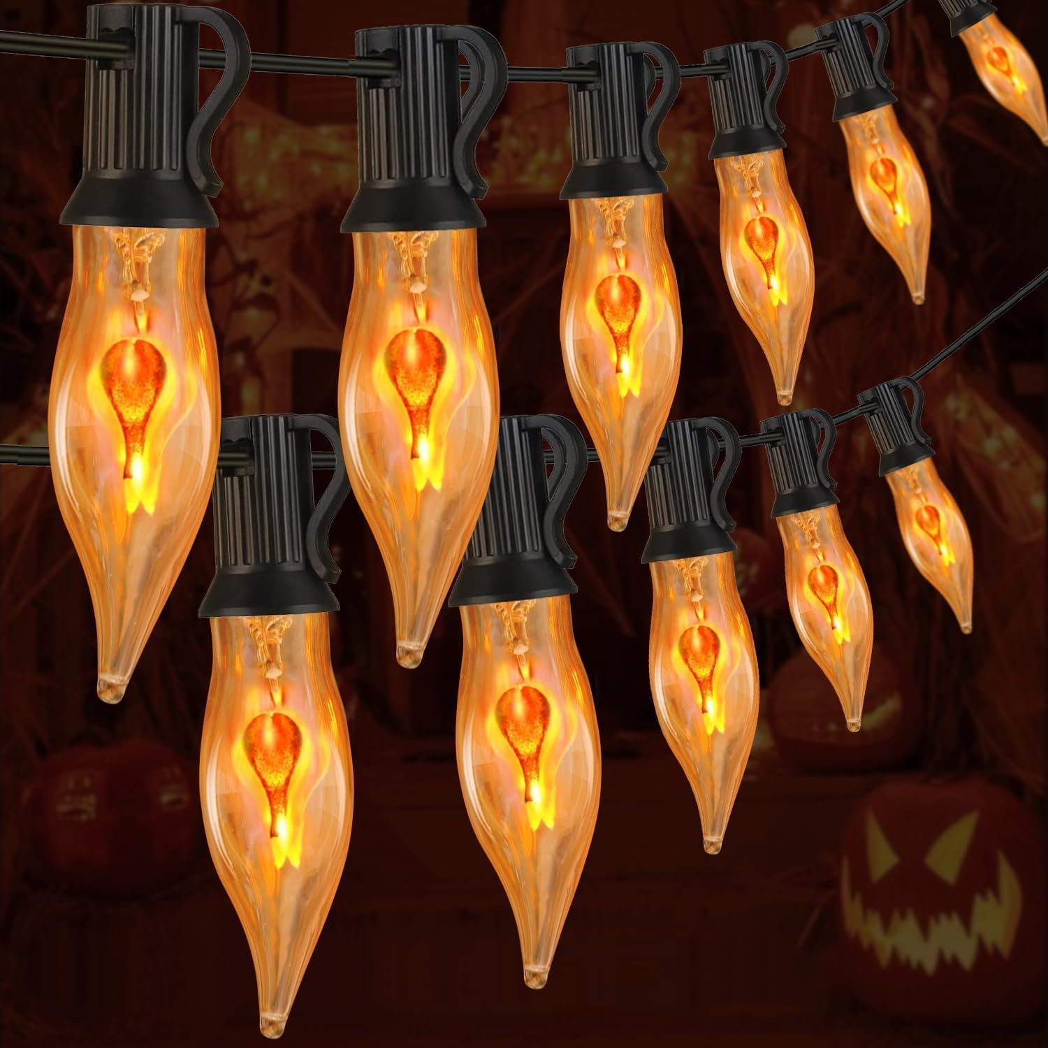 Halloween Lights 27.8 FT Flickering Flame String Lights with 25 Flame Light Bulbs Twinkle C18 E12 Base Indoor Outdoor Fireplace Tree for Halloween Decorations-Black Wire