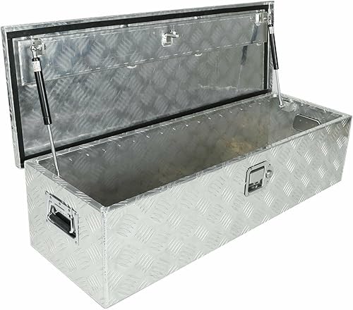 Miniatura 25 de Caja de herramientas de 48x24x24 pulgadas, caja de almacenamiento negra de aluminio para cama de camioneta pickup con cerradura y llaves, exterior,