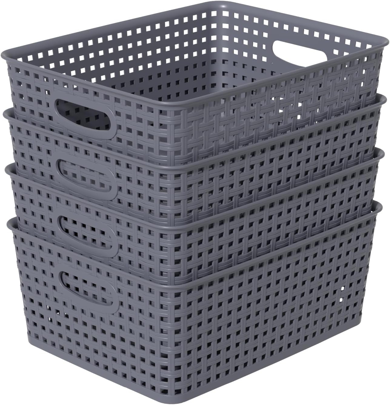 4-Pack Plastic Weave Baskets, Woven Plastic Storage Basket, Gray