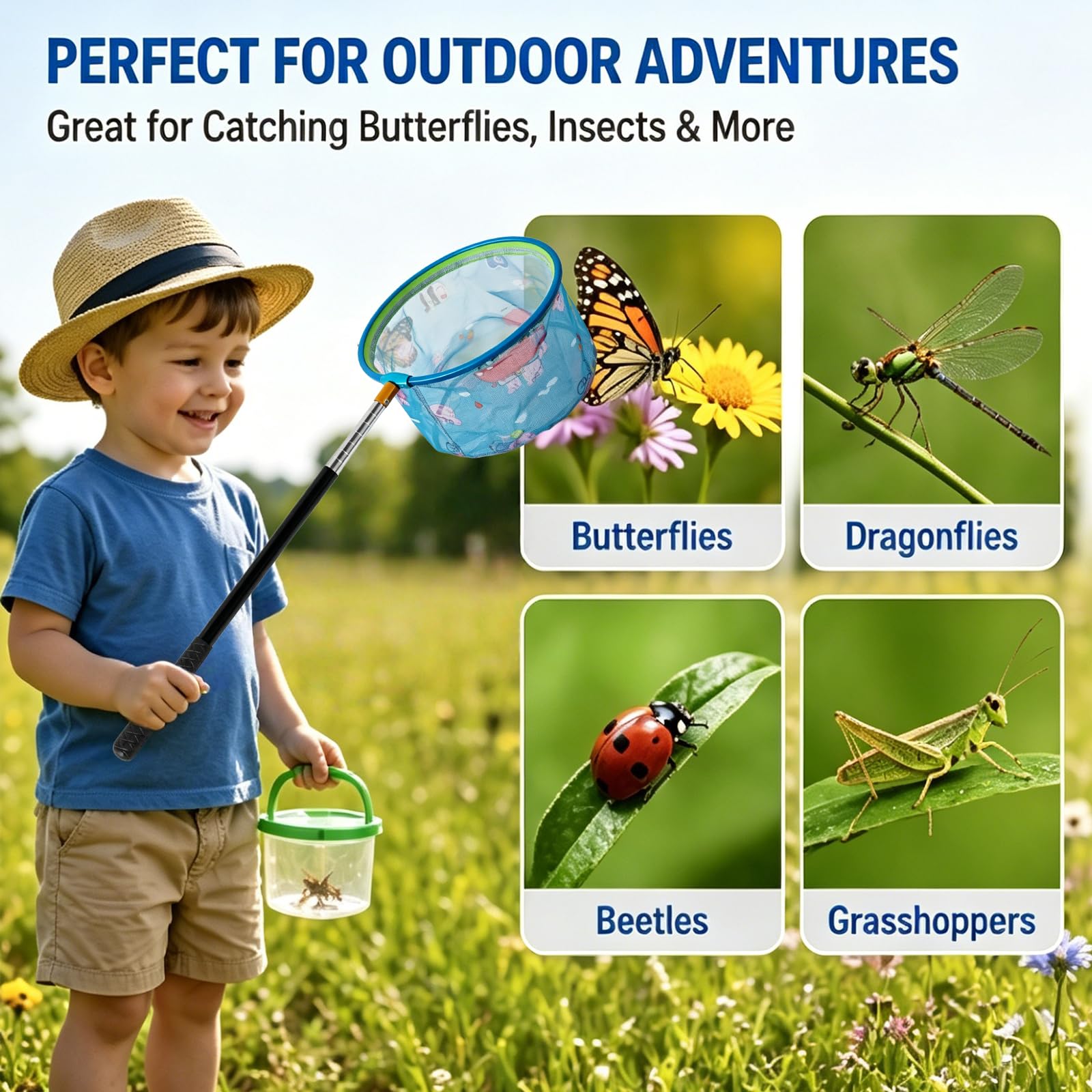2 retini telescopici per bambini, 41,5 – 148 cm, retino da pesca per bambini, retino da pesca, rete a farfalla, retino da pesca, insetti, pesca, spiaggia, stagno, giardino, piscina