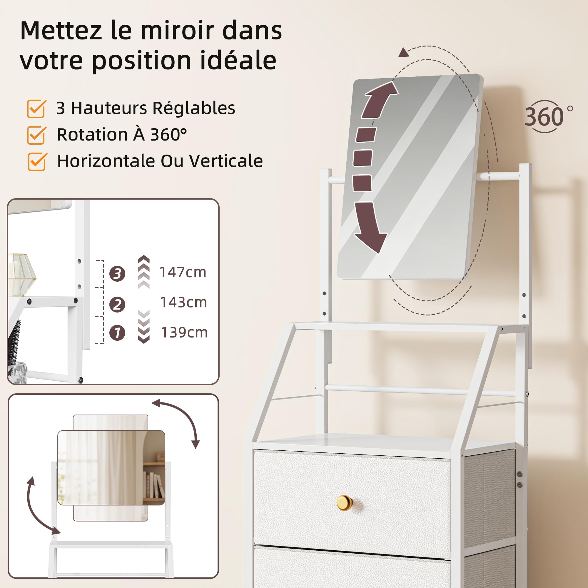 Commode Chambre 4 Tiroirs Tissu Commode Haut avec Miroir, Blanc | Meuble de Rangement Tissu, Miroir Réglable, 39 x 28 x 148 cm, Chiffonier pour Chambre/Entrée/Couloir/Salon