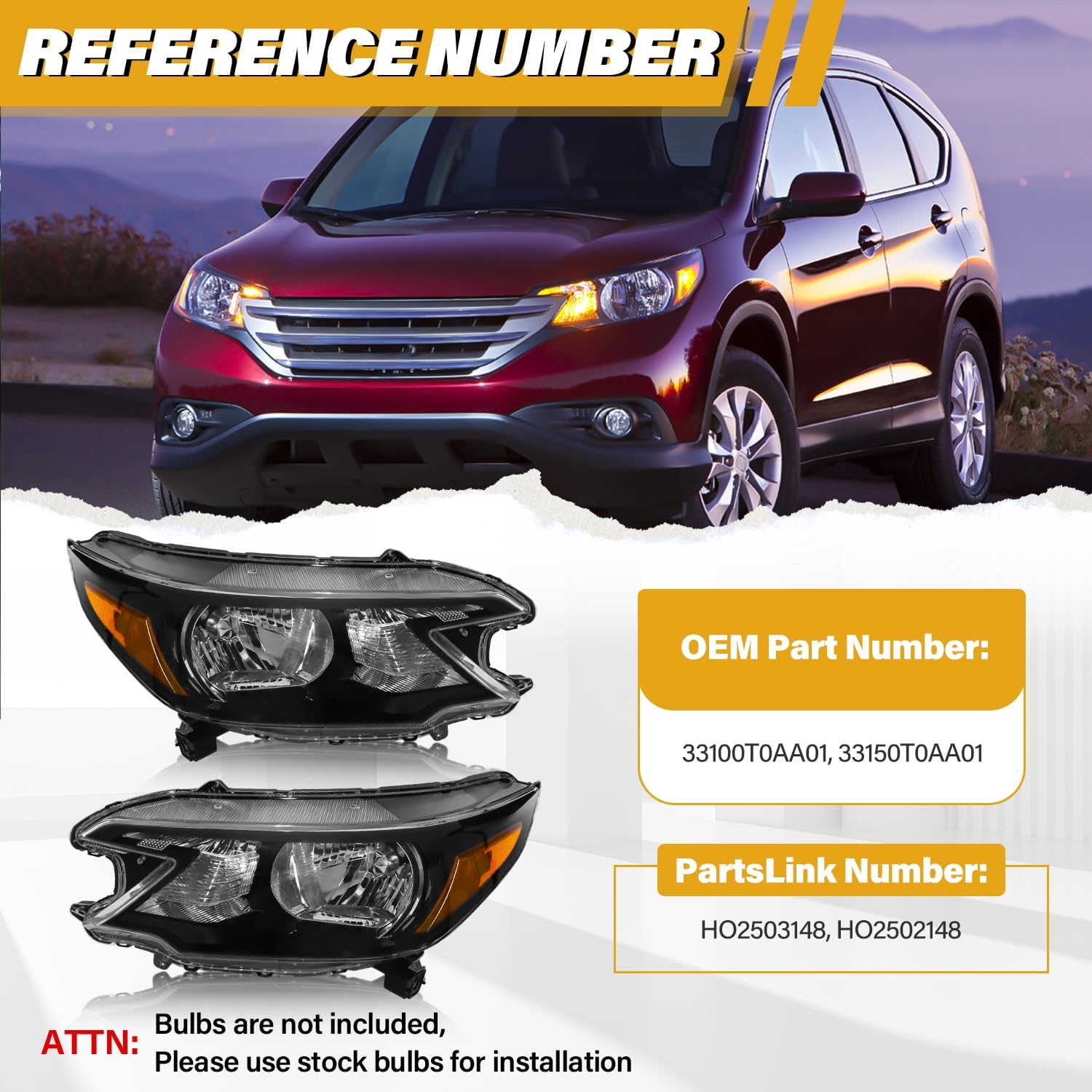 Headlight Assembly Compatible with Honda CR-V 2012 2013 2014 Halogen Type, Pair Set of OE-Style CRV Headlamp Replacements for 33100T0AA01 33150T0AA01, W/O Bulbs, Black Housing Amber Reflector