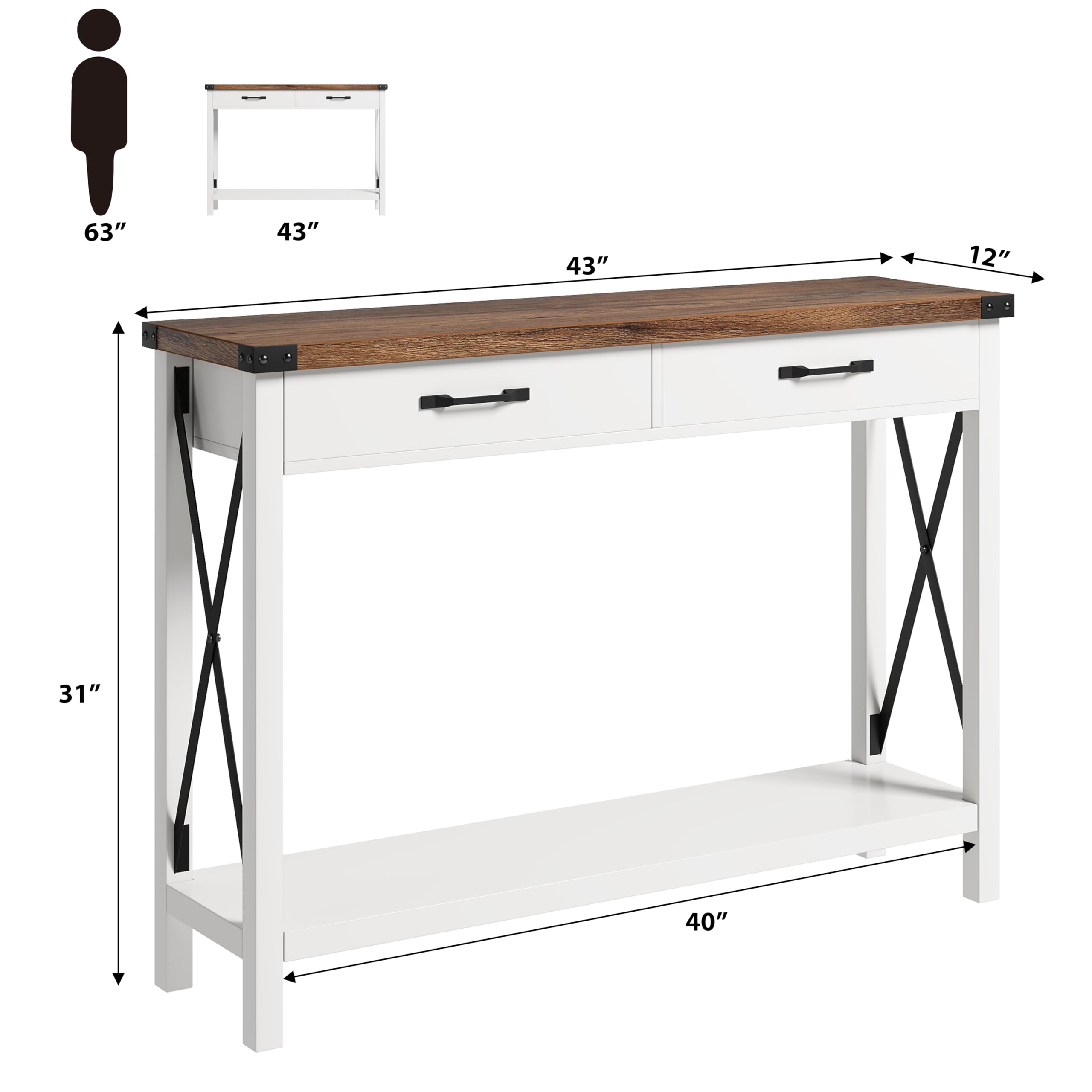 Garvee Mesa Consola Estrecha Estilo Rústico con 2 Cajones y Estante, Mueble Recibidor y Salón, Madera MDF Blanco y Marrón 109x30x79 cm