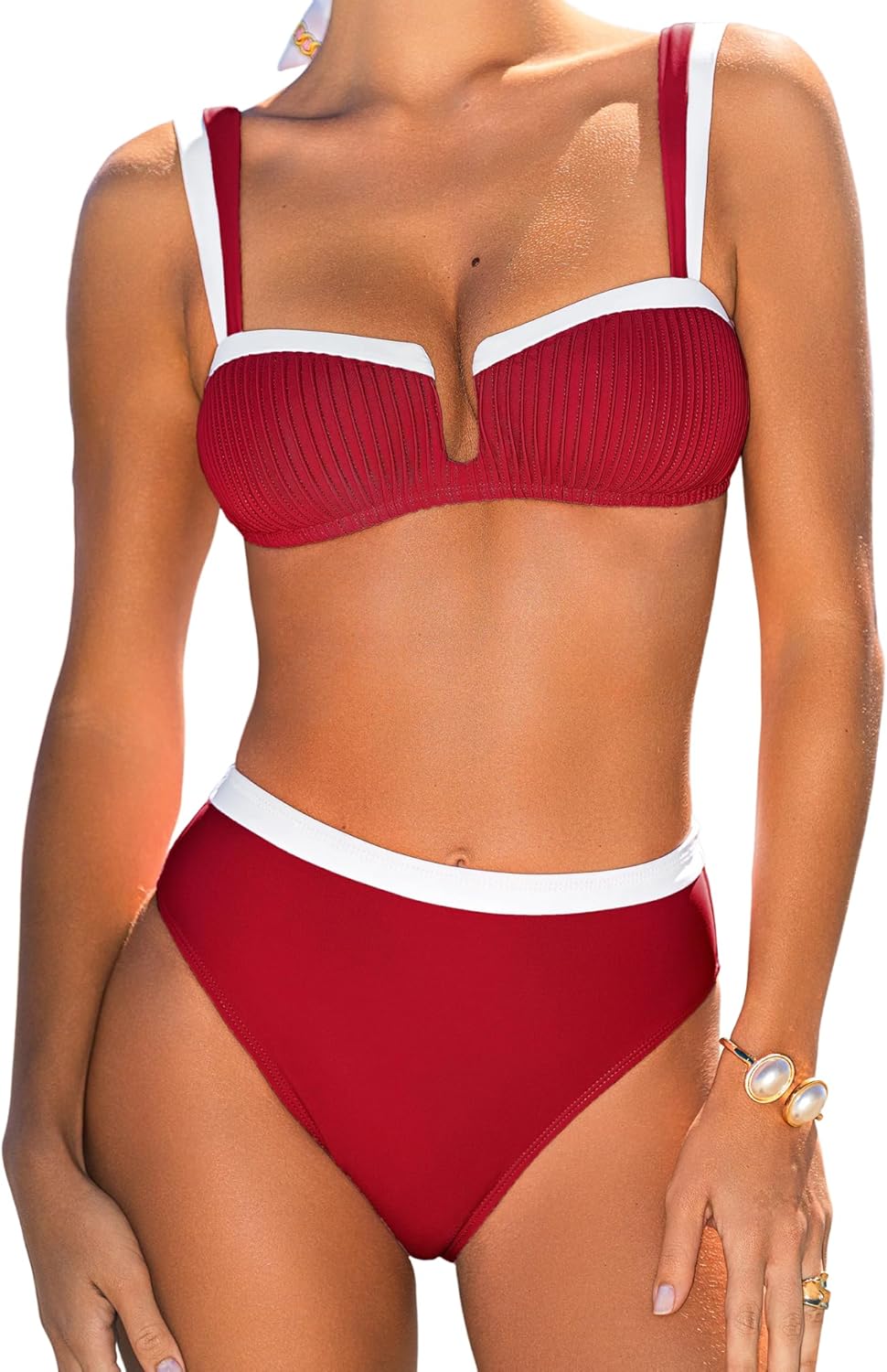 ZAFUL Women Color Block Bikini Sets Cheeky High Cut 2 Piece Swimsuit U-Wire Cutout Bathing Suit