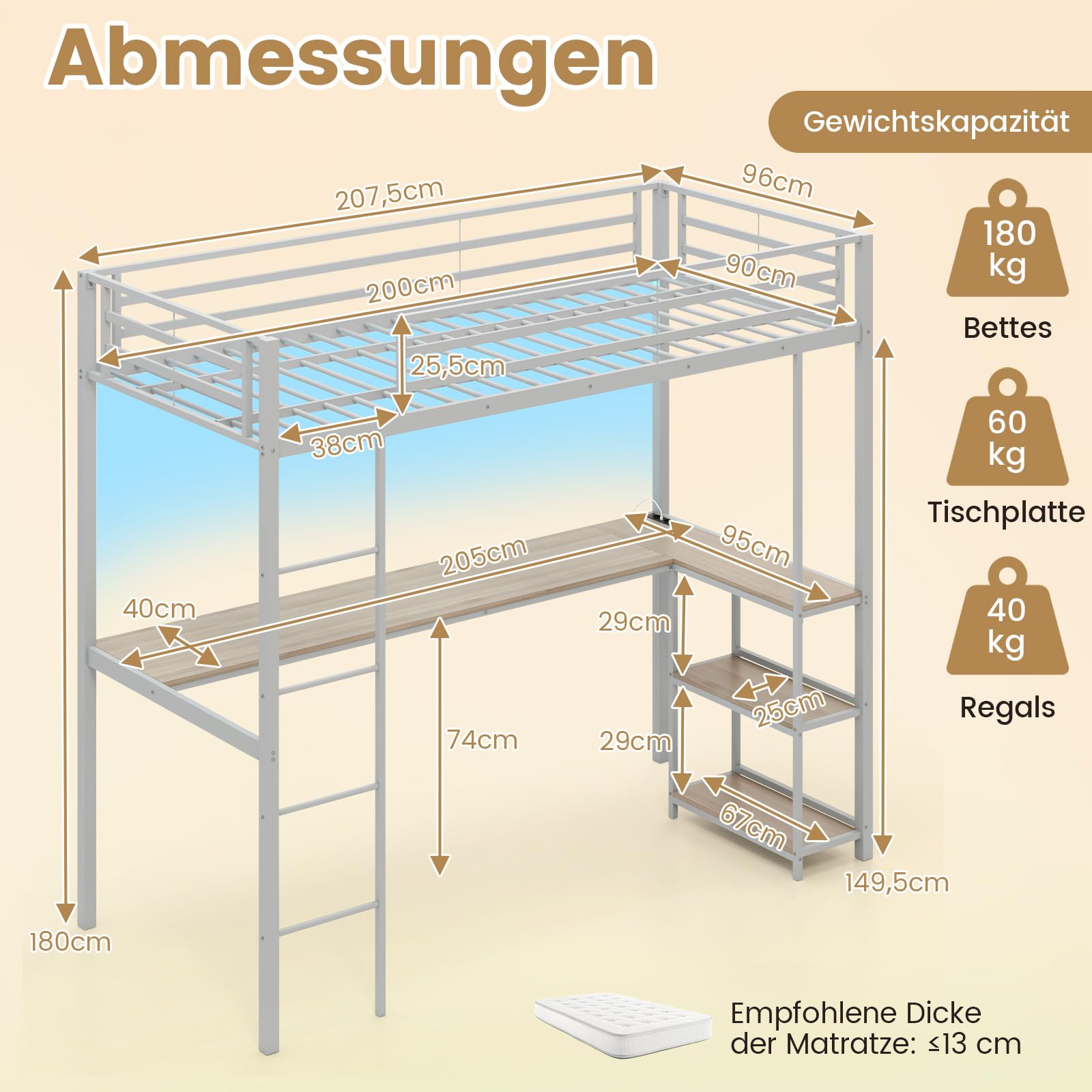 COSTWAY Łóżko piętrowe z biurkiem 90 x 200 cm, łóżko piętrowe z oświetleniem LED, stacja ładująca i 2 półki, łóżko piętrowe z metalu, z balustradą bezpieczeństwa i drabinką, łóżko młodzieżowe (srebrne