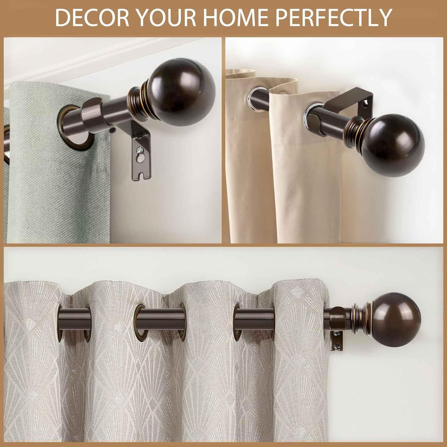KAMANINA Bundle of 32-86 Inches (2.6-7.1 Feet) Heavy Duty Curtain Rod and Matched Brackets, with Round Finials, Bronze