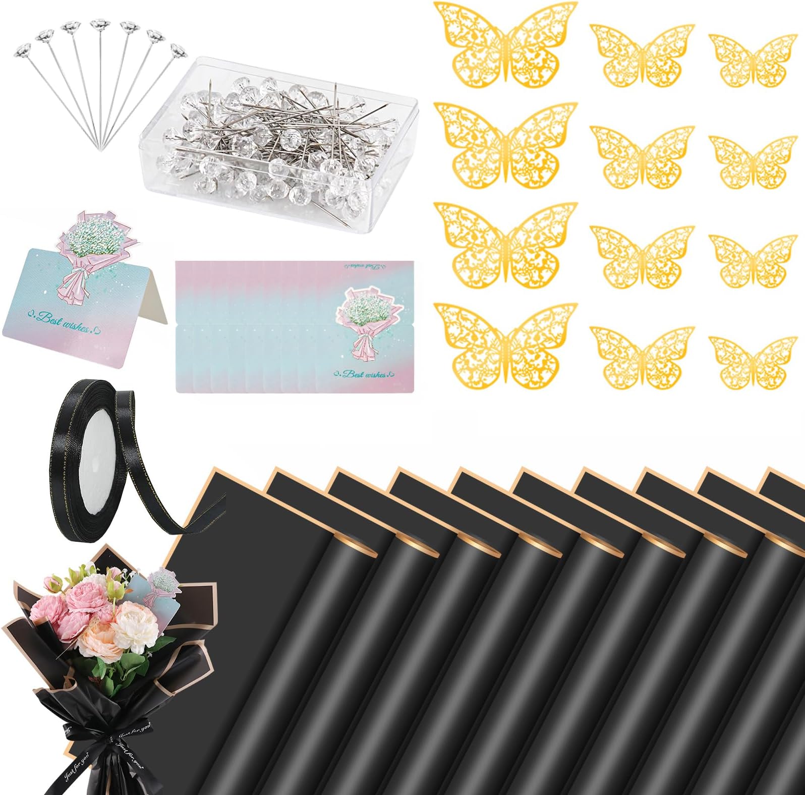 20 Sheets Flower Wrapping Paper Bouquet Wrapping Paper Waterproof with 10 Pcs Greeting cards, 12PCS 3D Gold Butterfly Decor, 50 pearl pins and 24 Yards Satin Ribbon for Wedding DIY Craft Party Black
