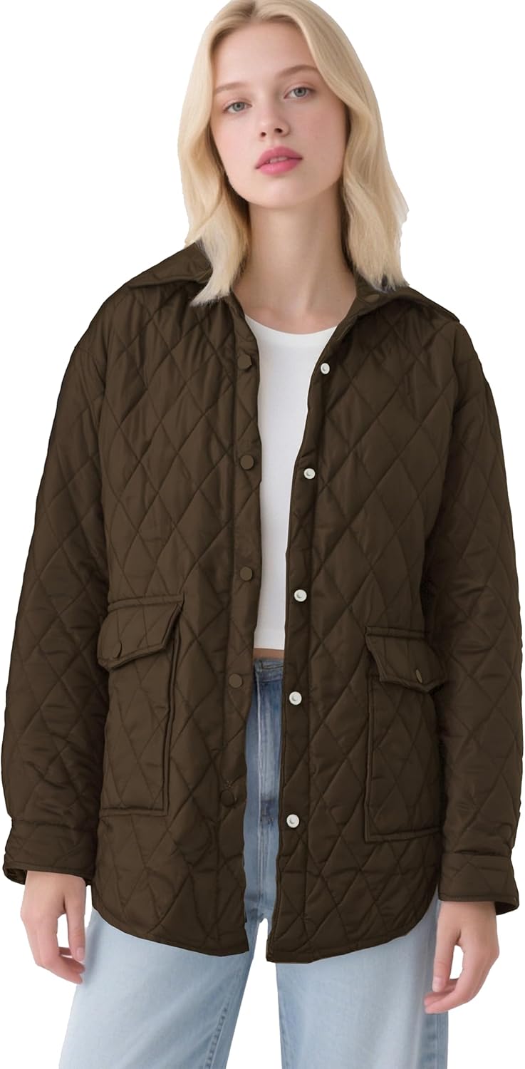Women's Lightweight Quilted Jacket Long Sleeve Snap Button Down Puffer Jacket Warm Winter Outerwear Coat with Pockets