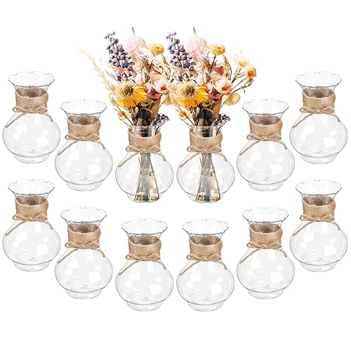 12 Pack Plastic Vases for Flowers with Jute Twine, Flower