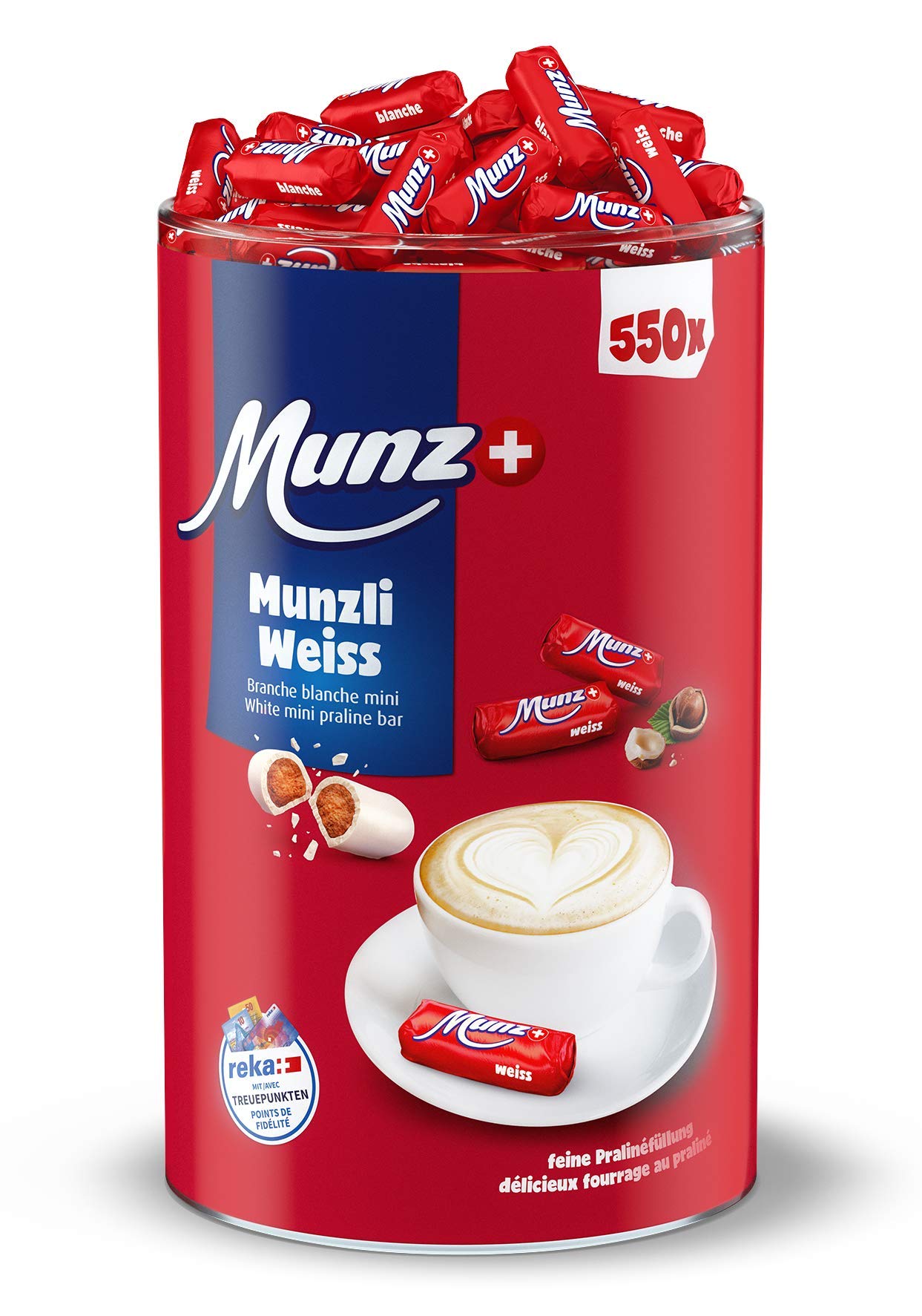 Munzli Mini-Praliné Weiß Schweizer Schokolade 500 Stück feine Pralinen mit gerösteten Haselnuss-Splittern 2,5kg Großpackung