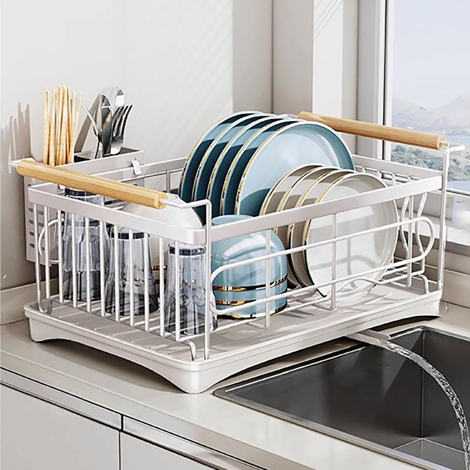 Abtropfgestell Geschirr 46*31*23CM Edelstahl-Abtropfgestell mit Besteckhalter 360°Drehbarem Auslauf Küchenorganizer Platzsparender rostfreies Geschirrtrockengestell für Teller Tassen Besteck