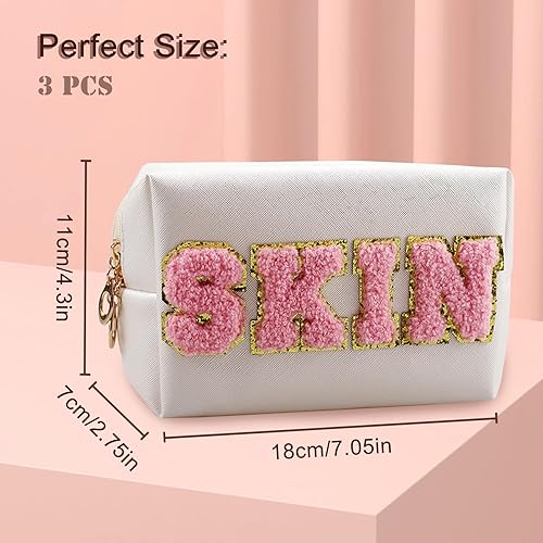 Miniatura 2 de Bolsa de maquillaje con parche de letras de chenilla, bolsa de cosméticos de piel sintética con cremallera, bolsa de aseo impermeable, bolsa