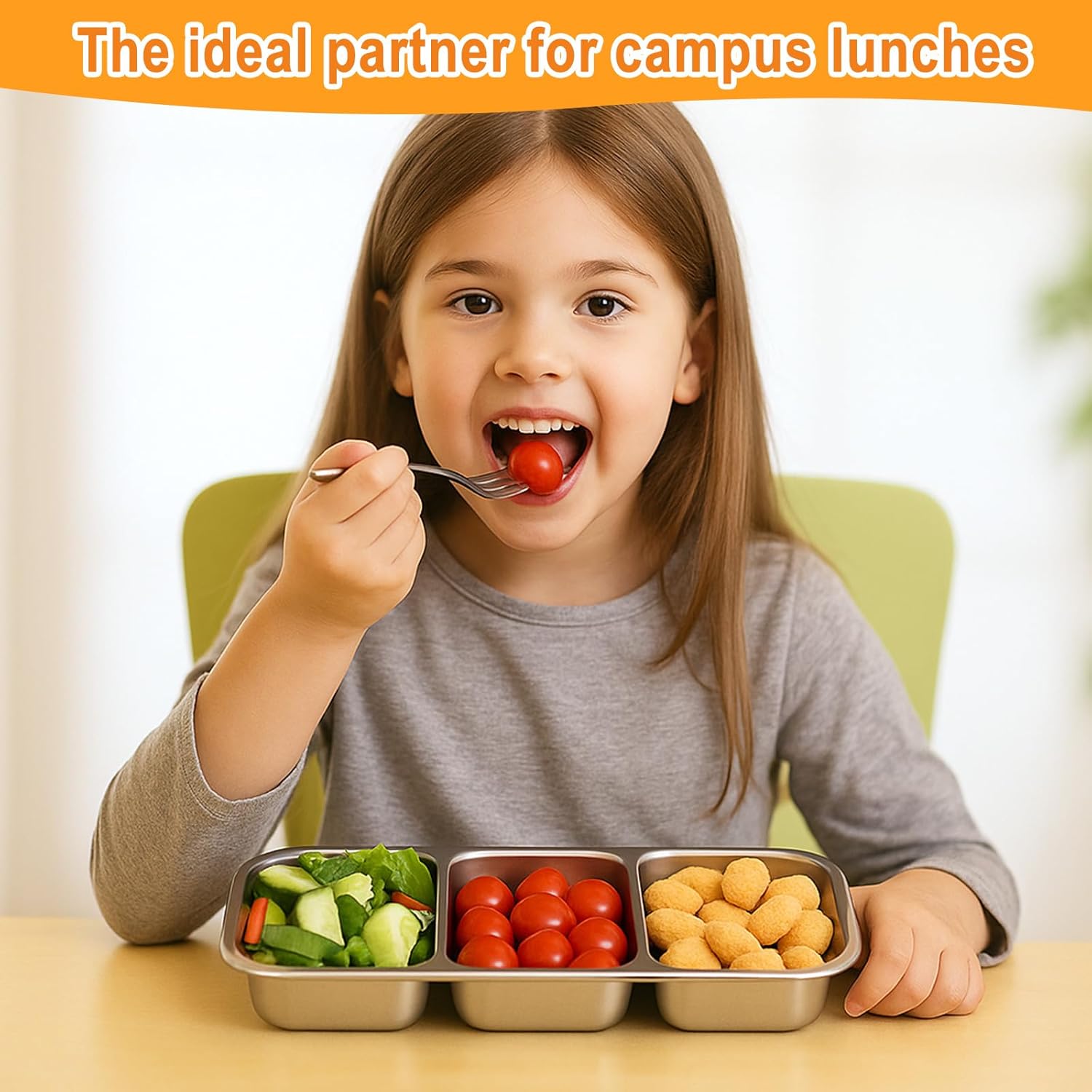 2Pack Stainless Steel Snack Containers for Kids & Adults, Reusable 3 Compartment Snack Containers with Lids, Leak Proof Metal Lunch Box, Stackable bento Box for Home, School and Travel - Image 5