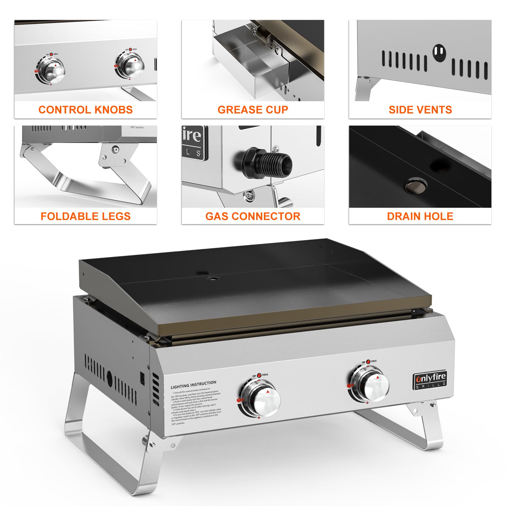 onlyfire Plancha à Gaz de Table en INOX, Barbecue Gaz avec 2 Brûleurs 4.7kW, Plancha 46x36cm avec Revêtement en Céramique Antiadhésif, Pieds Pliables pour Terrasse, Balcon et Camping