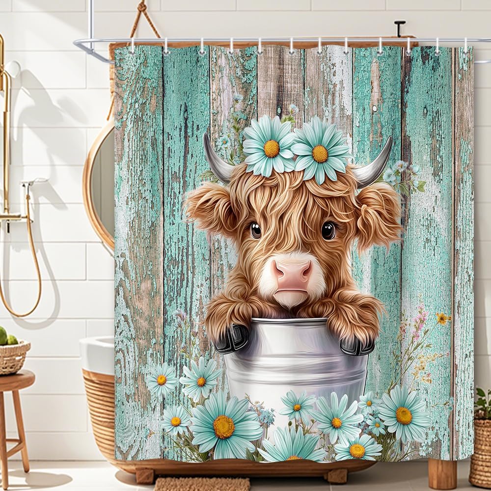 Funny Highland Cow Shower Curtain, Teal Cute Rustic Western Floral Plant Daisy Wooden Farmhouse Bath Curtain, Country Animal Fabric Waterproof Shower Curtain Set for Bathtub Decor, 72X75IN