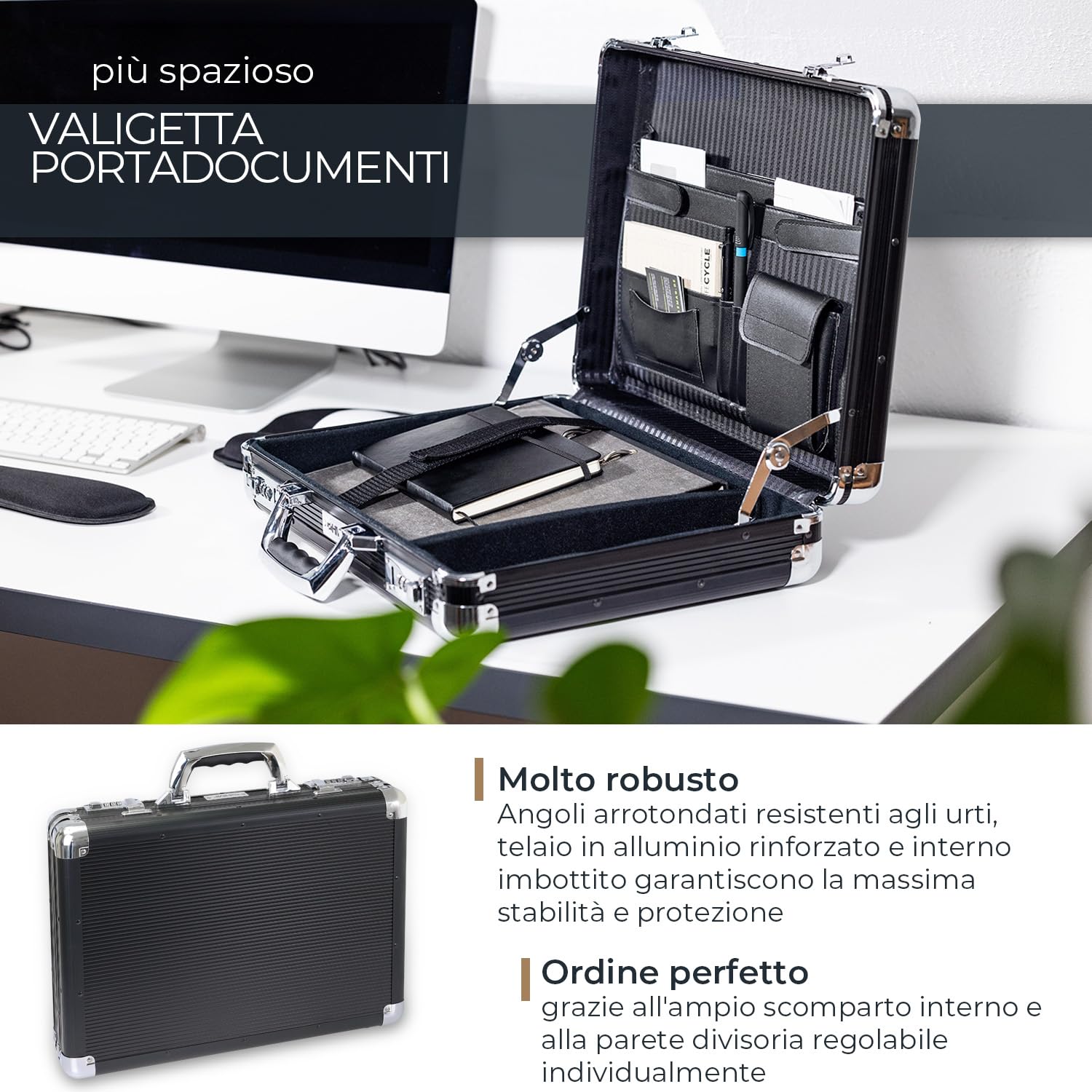 HMF Valigetta portadocumenti in alluminio per laptop fino a 17,3 pollici, Valigetta business da uomo con serratura a combinazione e scomparto laptop imbottito | 45 x 33 x 11 cm | Nero