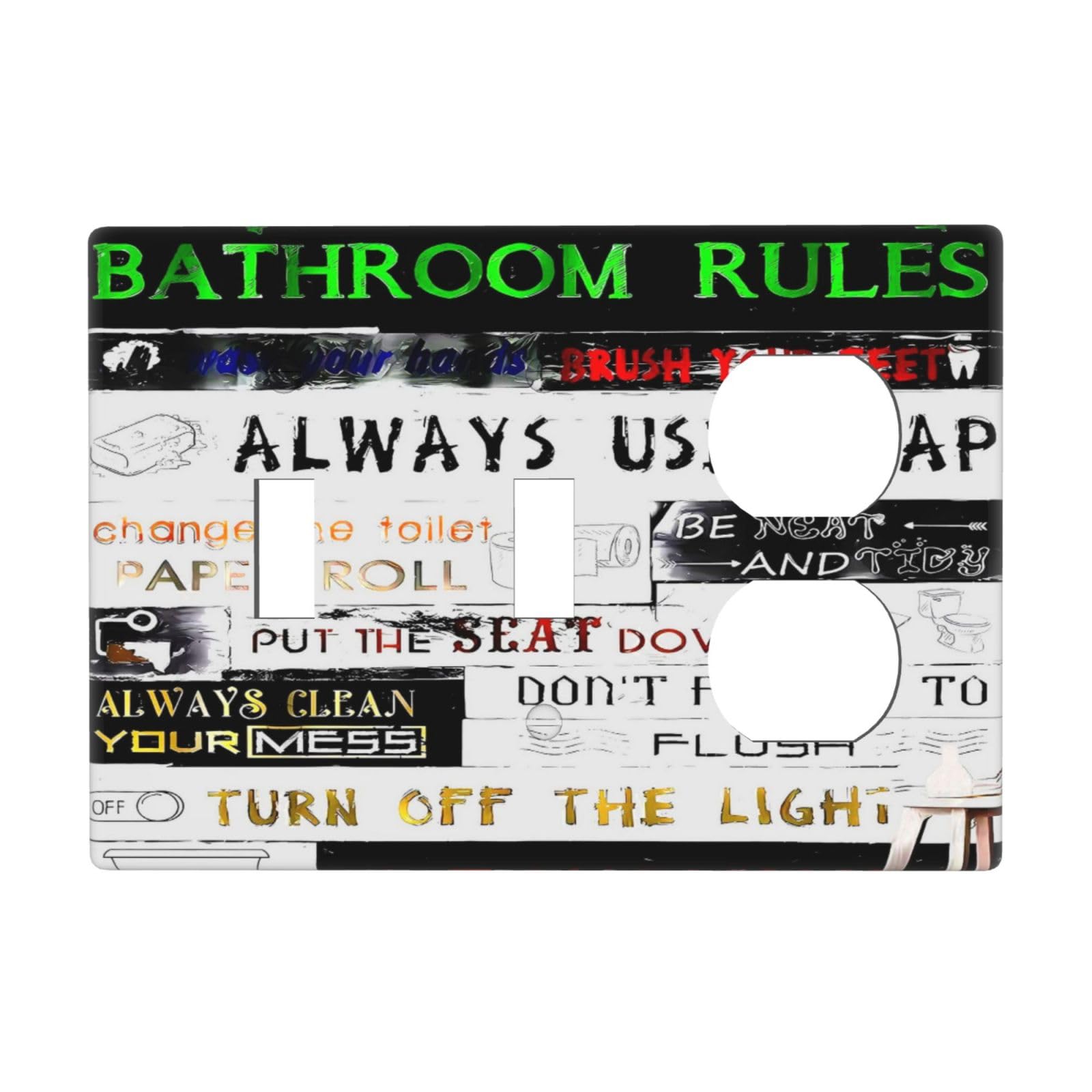 Funny Home Bathroom Toilet Rule 3 Gang Combination 2 Toggle 1 Duplex Receptacle Outlet Covers Light Switch Cover Combo Wallplate Decorative Faceplate