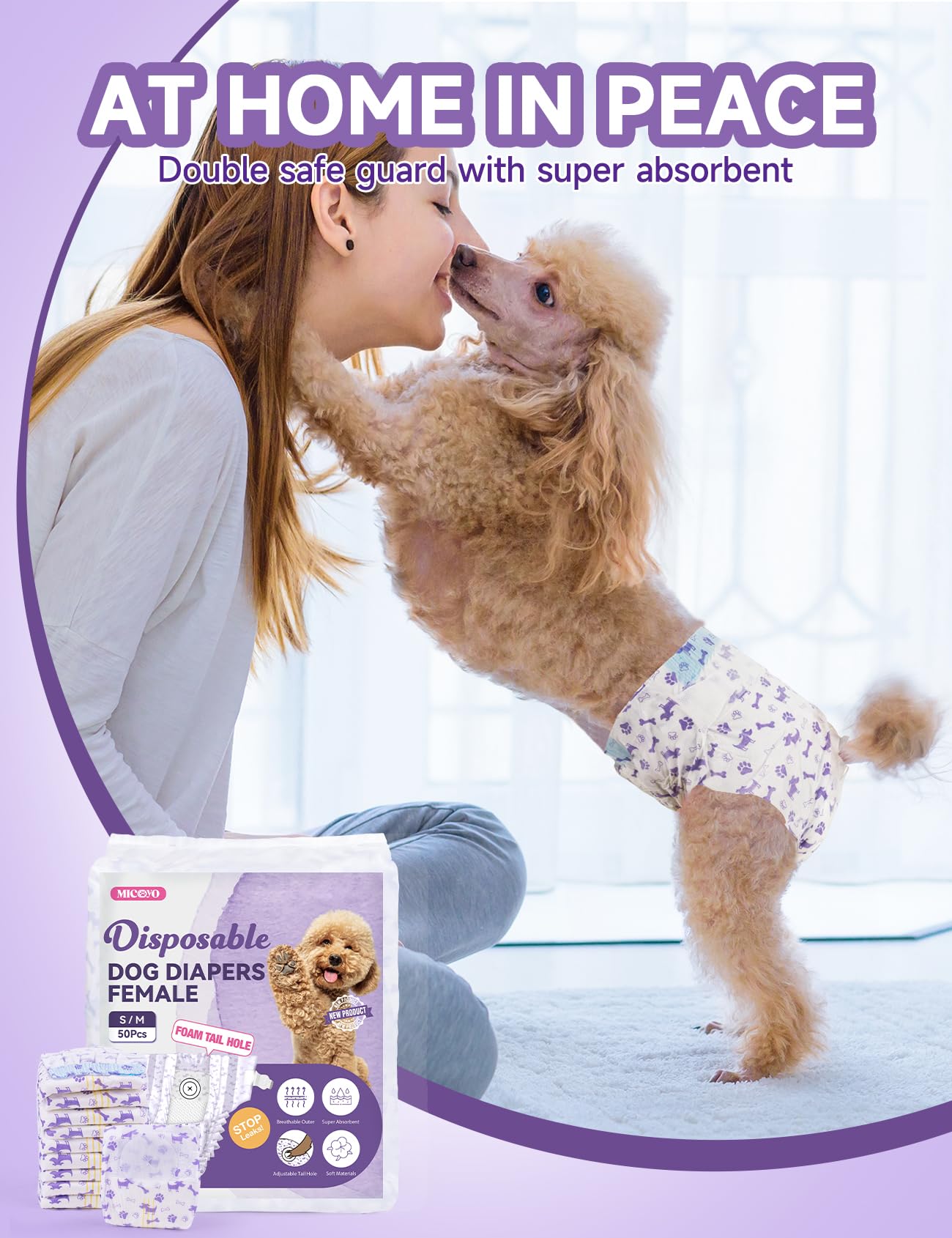 MICOOYO Pañales desechables para perras, pañales para perras, pañales súper absorbentes para mascotas, pañales de espuma para perros hembras para calor, pañales cómodos para cachorros (S, 50 unidades)