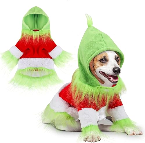 Abbylike Traje de Navidad para perros y gatos – Sudadera verde con capucha con gorro para perros y gatos – Lindo traje de fiesta de cosplay Clásico