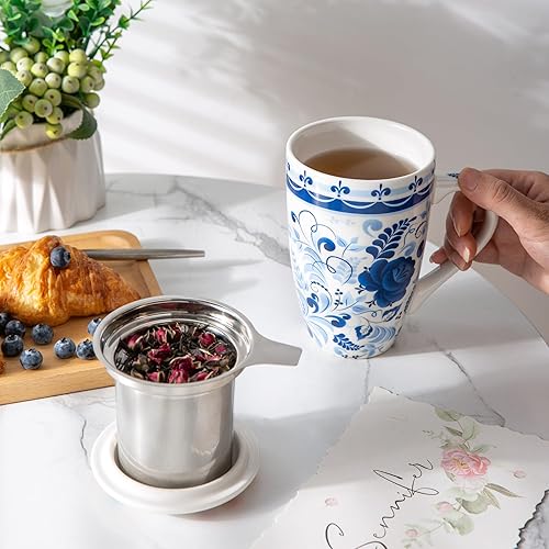 Miniatura 7 de GBHOME Taza de té con infusor y tapa, taza de té grande de cerámica de 18 onzas para hojas sueltas, apta para microondas y lavavajillas, taza para