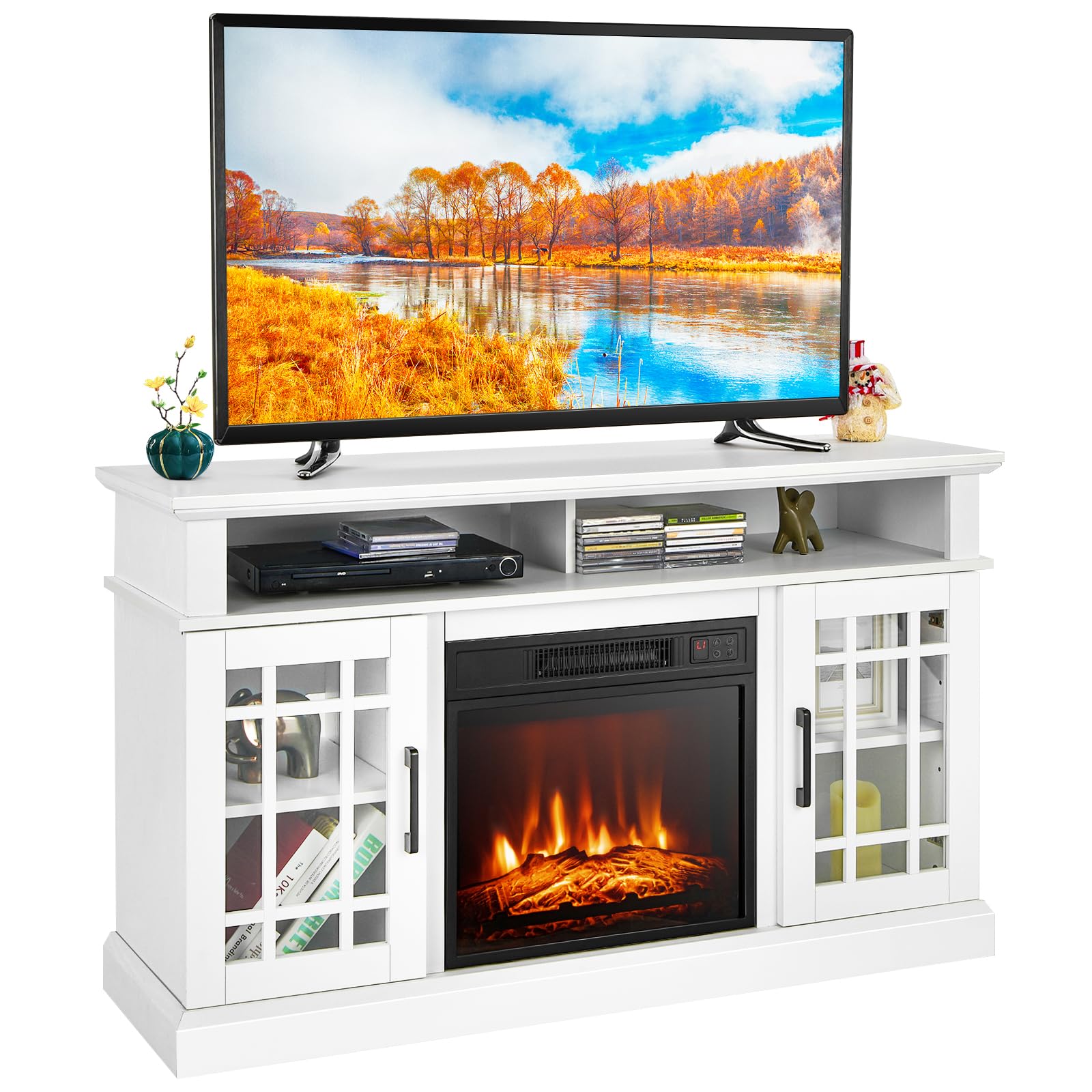 COSTWAY Electric Fireplace Insert TV Stand, Entertainment Center Console Table with Adjustable Flame, Overheat Protection Fire Heater & Remote (White, 18” Fireplace, for 55” TV)