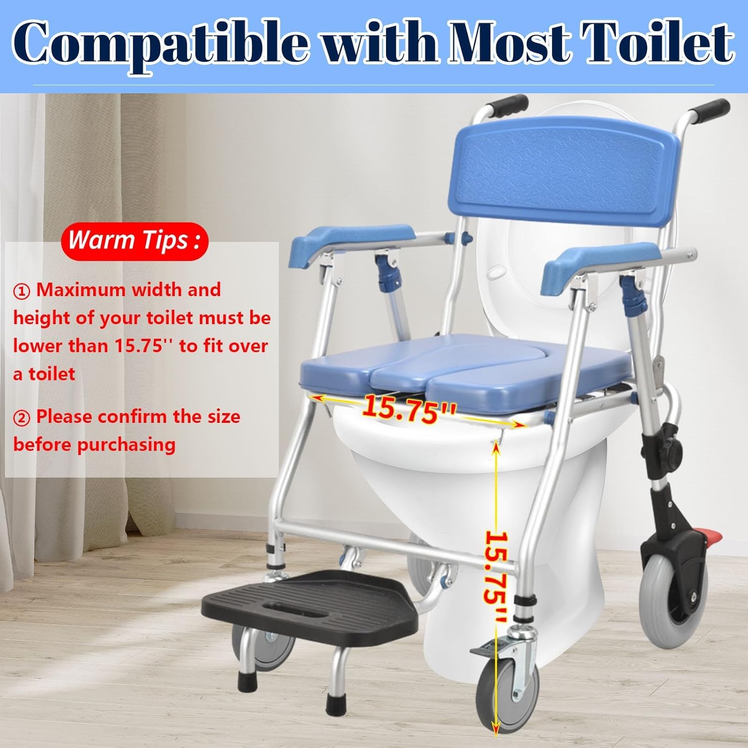 4-in-1 Bedside Commode Shower Wheelchair, Folding Shower Commode Chair for Toilet with Arms, Padded Rolling Shower Chair with Locking Wheels, Mobile Toilet Chair with Bucket for Seniors
