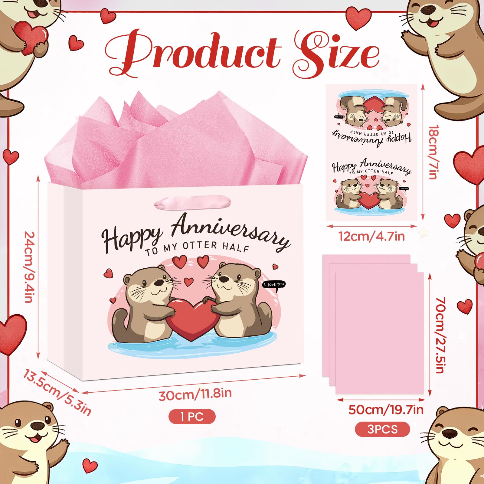 Anniversary Party Gift Bag Pink Wedding Gift Wrap Bag with Happy Anniversary Card and Wrapping Paper Cute Otter Couple Paper Bag for Him Her Women Men Valentine Anniversary Party Decorations Supplies
