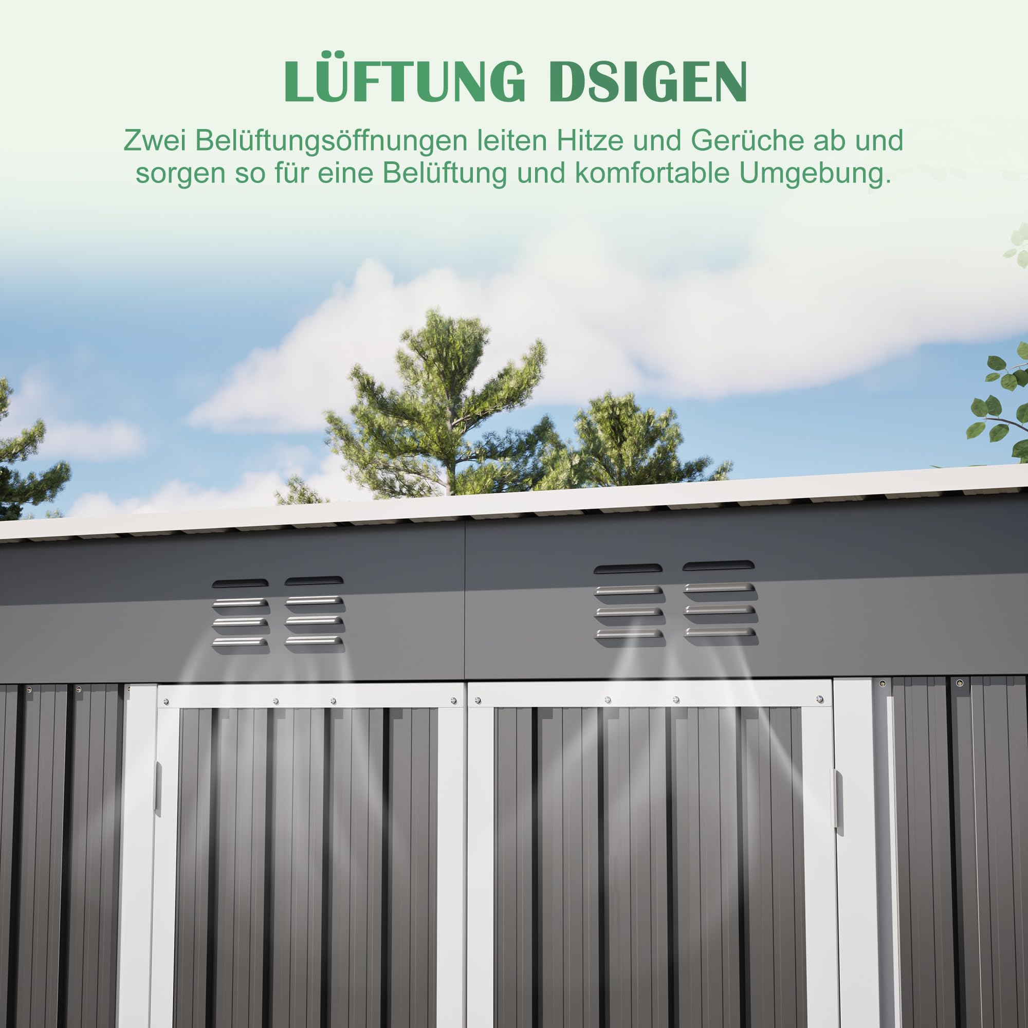 Metall Gartenhaus 229×182×111cm Geräteschuppen mit Bodenbasis,Allwetterbeständig Fahrradschuppen mit 2 Belüftungsgittern，Verzinkter Stahl Outdoor Garten Schuppen Schrank Abschließbarer Doppeltü,Grau