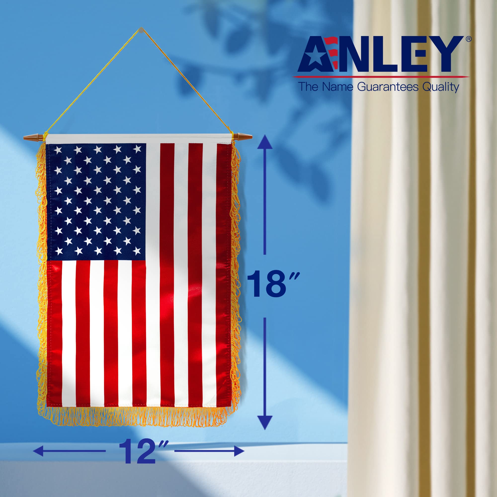 Bandiera Da Parete USA Anley 30x45 Cm In Raso Con Frange E Asta In Legno – Per Aula E Casa - 4