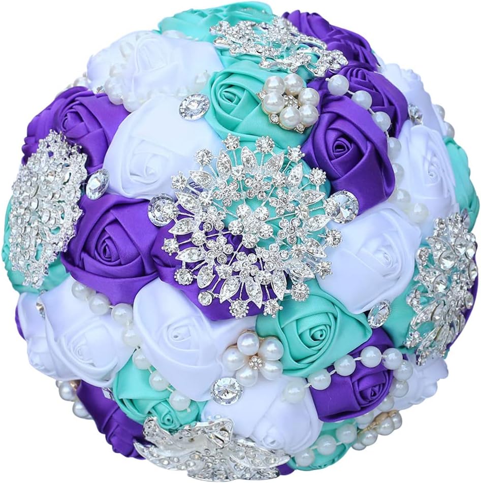 Sharebeauty 7.9 Inch Handmade Satin Rose Bridal Bouquet Toss Round Wedding Bouquet Throw Toss Artificial Flower Bunch Deep Green + Ivory