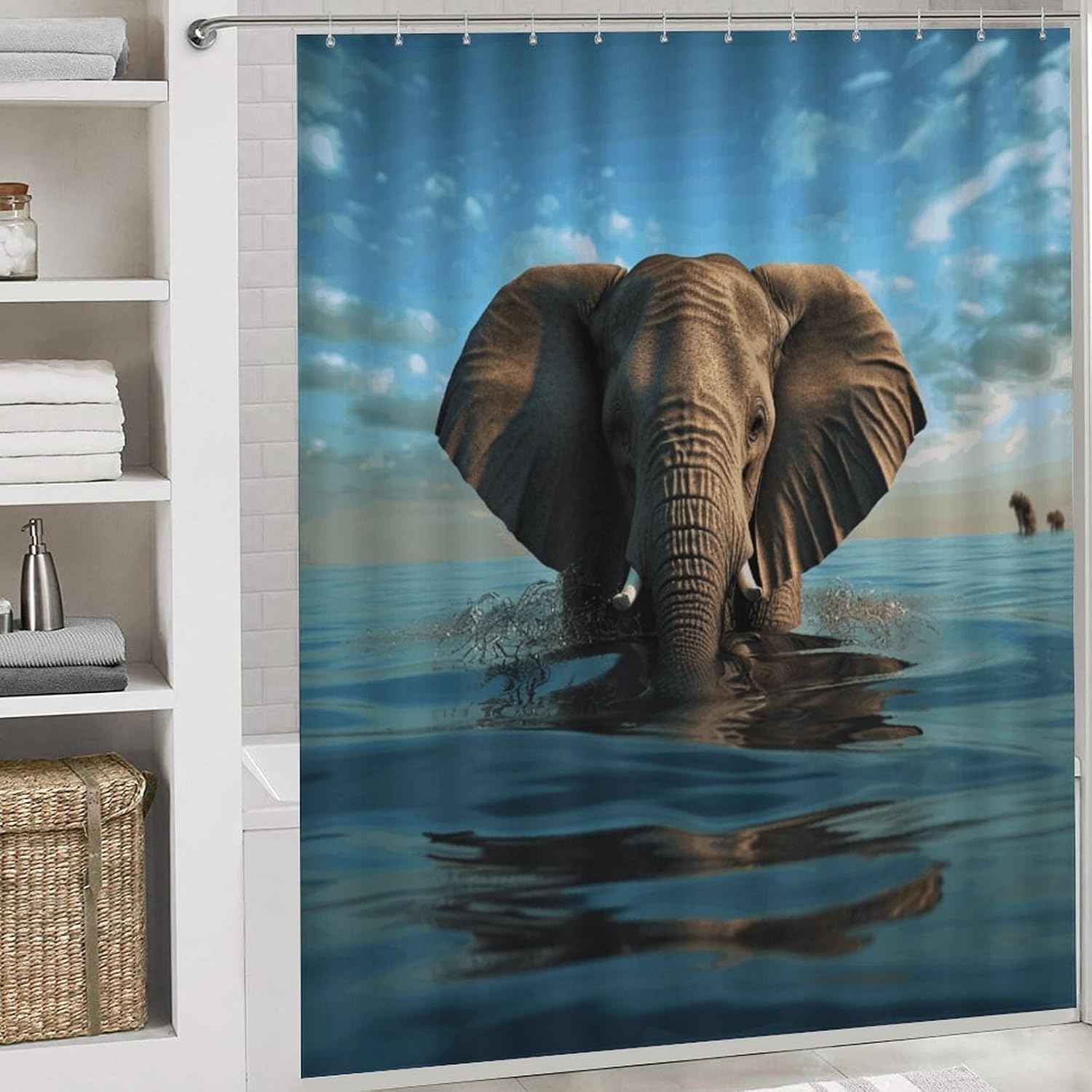 Elephant is Sitting in The Water 4Pcs Shower Curtain Set with Non-Slip Rugs, Toilet Lid Cover and Bath Mat,Bathroom Set Decor Accessories,Curtain Set with 12 Hooks, 72 X 72 Inch