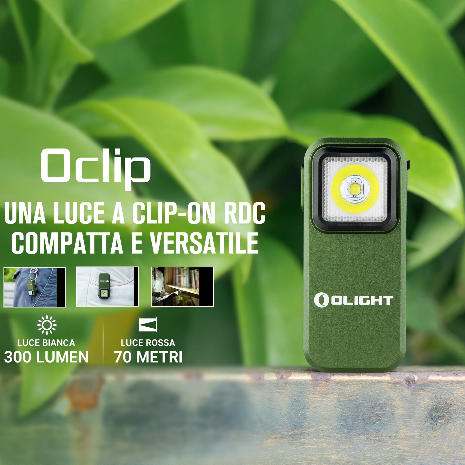 OLIGHT Oclip Sorgente Rossa e Bianca 300lm Lampada a Clip Ricaricabile con Aspirazione Magnetica e Foro di Aggancio Impermeabile IPX5 Escursionismo Campeggio e Alpinismo (Verde)