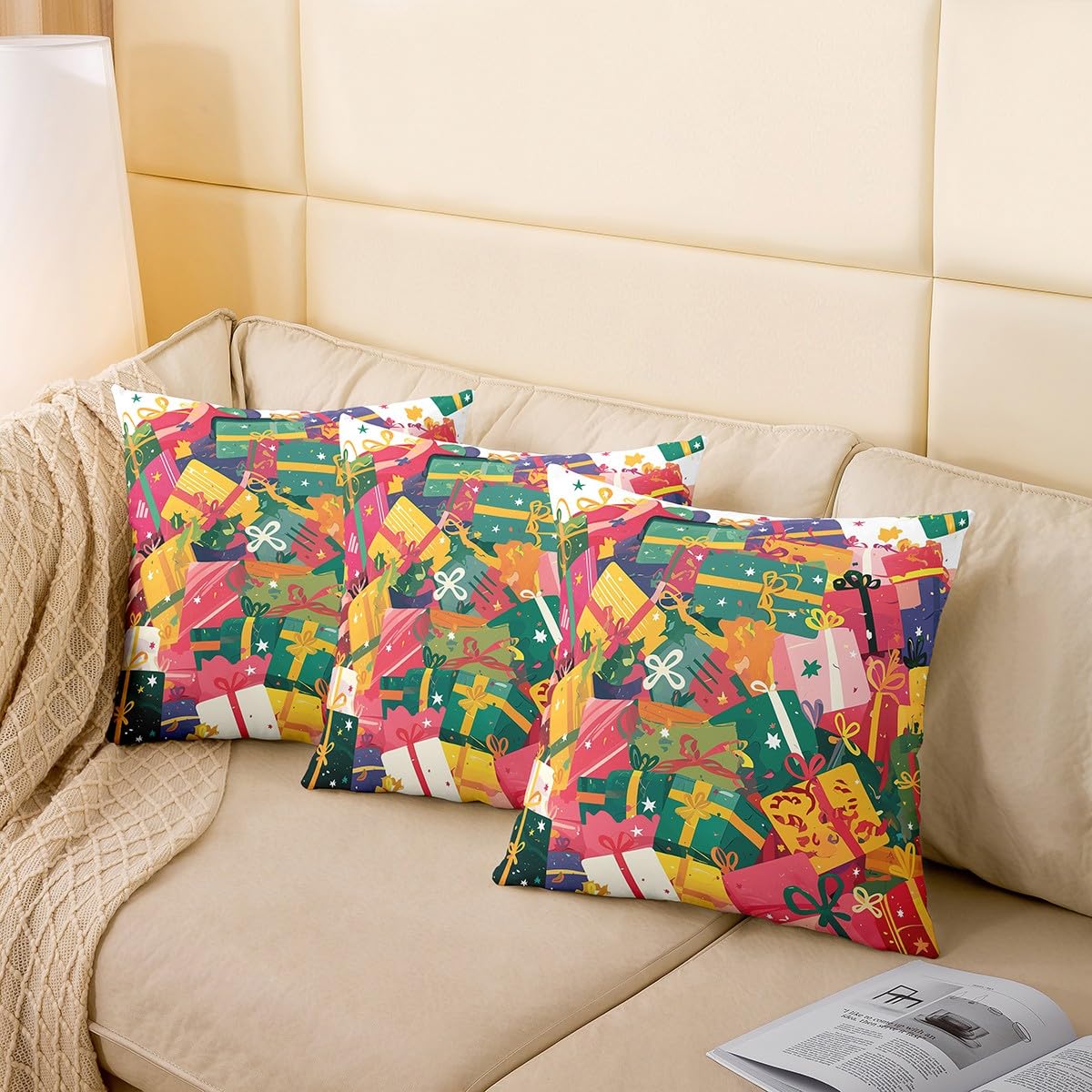 Homewish Set di 4 federe per cuscini natalizi per bambini, ragazzi e ragazze, con scritta "Happy New Year", colorate, regalo di Natale, per divano, 45,7 x 45,7 cm