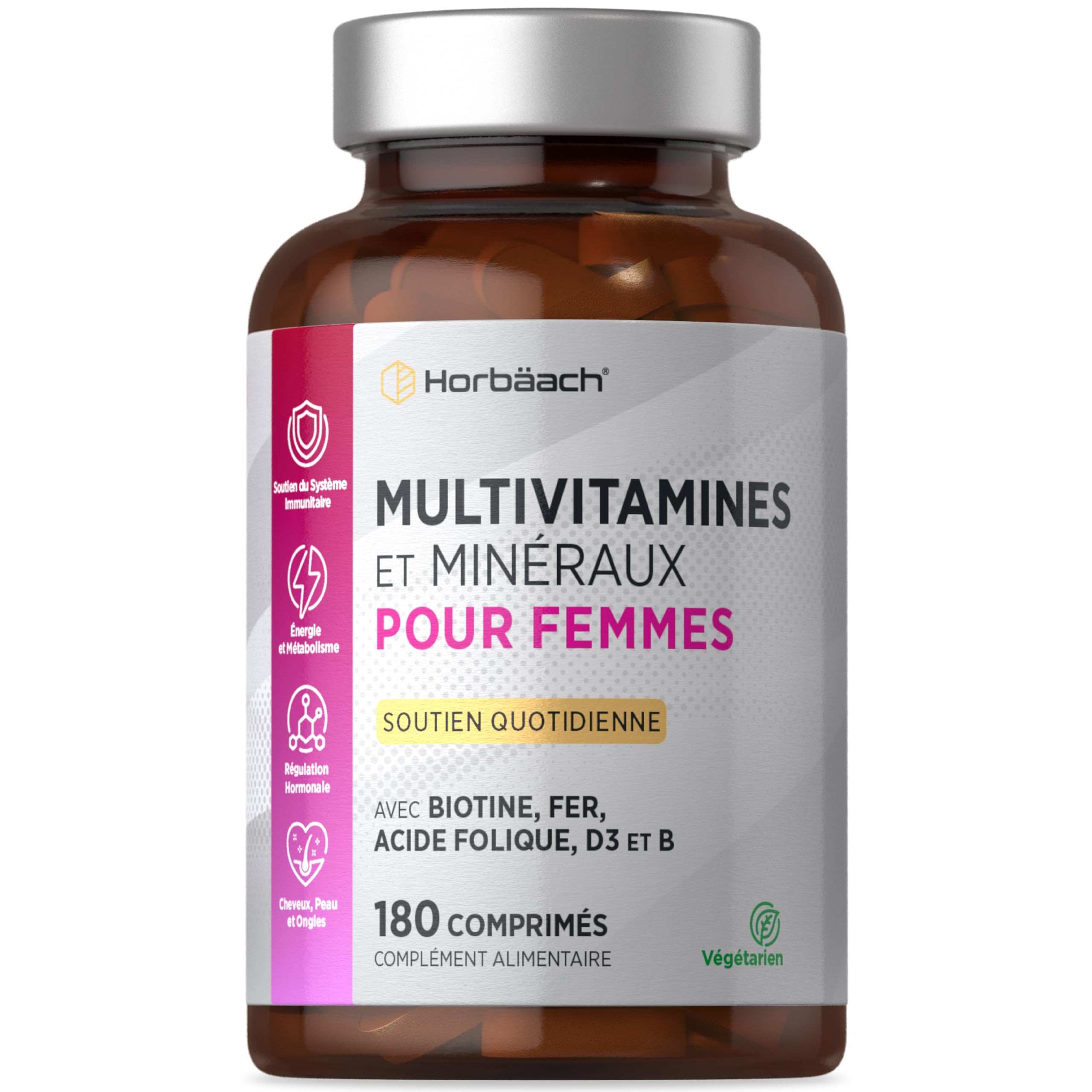 Multivitamines Femme Vegan 180 Comprimés | Soutien Immunitaire et Énergie | Horbaach Fer Calcium Biotine Acide Folique