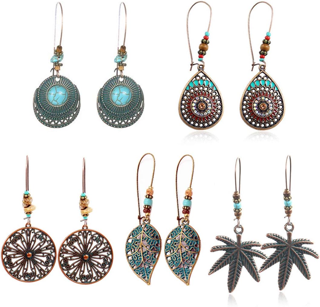COMMINY Bohemian Vintage Dangle Earrings, Metal Hollow Pendant Earrings Set Boho Chic Jewelry for Women Girls