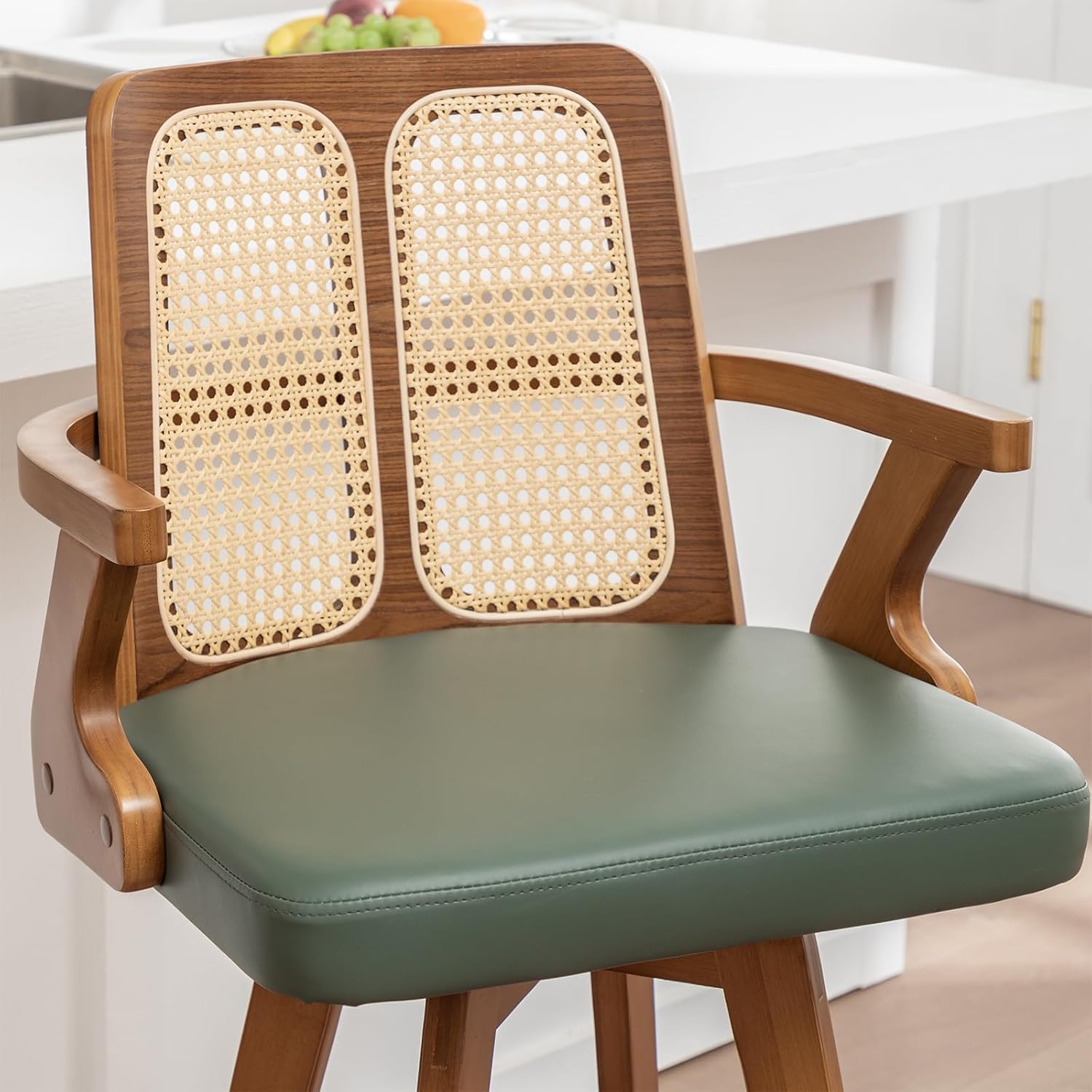 Swivel Bar Stools Set of 4 - 30 inch Mid Century BarStools with Curved Backs and Arms, Walnut Bentwood, Faux Leather Upholstered Seat, Rattan Bar Stools for Kitchen/Island (30" Seat Height, Green)