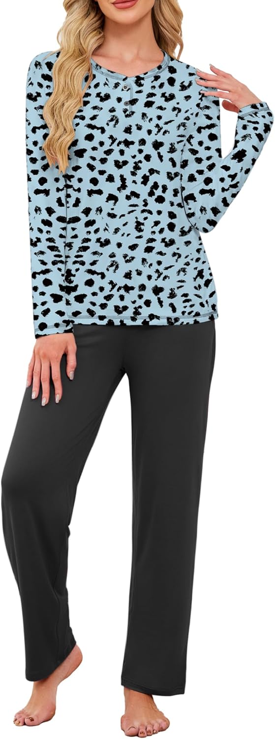 iChunhua Fall Pajamas for Women Set 2 Piece Loose Sleepwear Long Sleeve Henley Sleep Set Pjs Loungewear with Pocket
